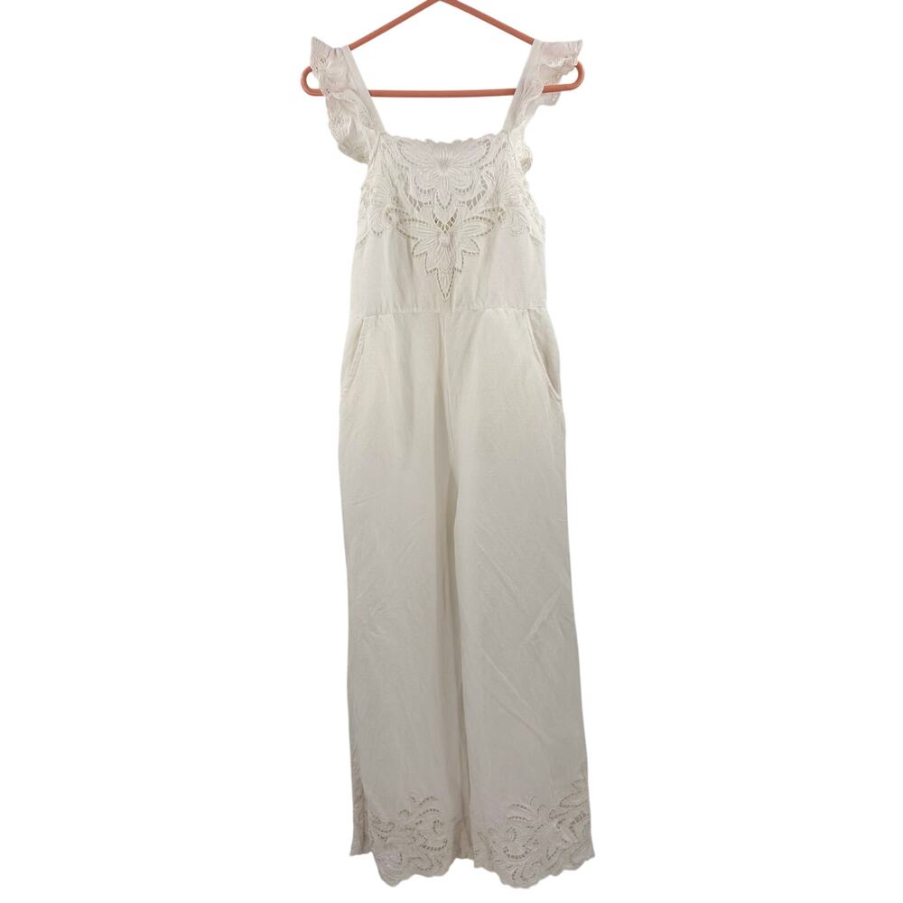BY ANTHROPOLOGIE Jumpsuit SZ Extra Small NWT Linen Blend Ivory Eyelet Floral - Picture 4 of 16